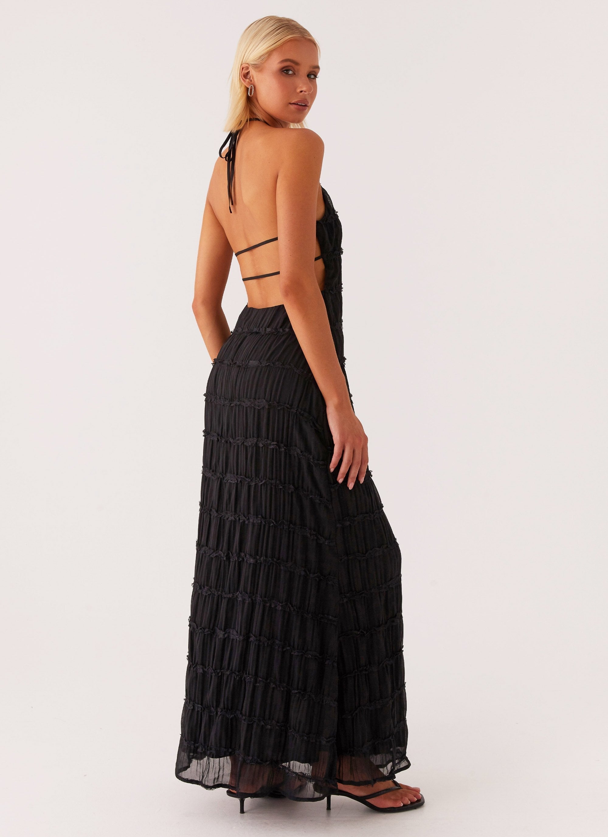 Women's Black Halter Neck Open Back Textured Maxi Evening Dress Wedding Guest
