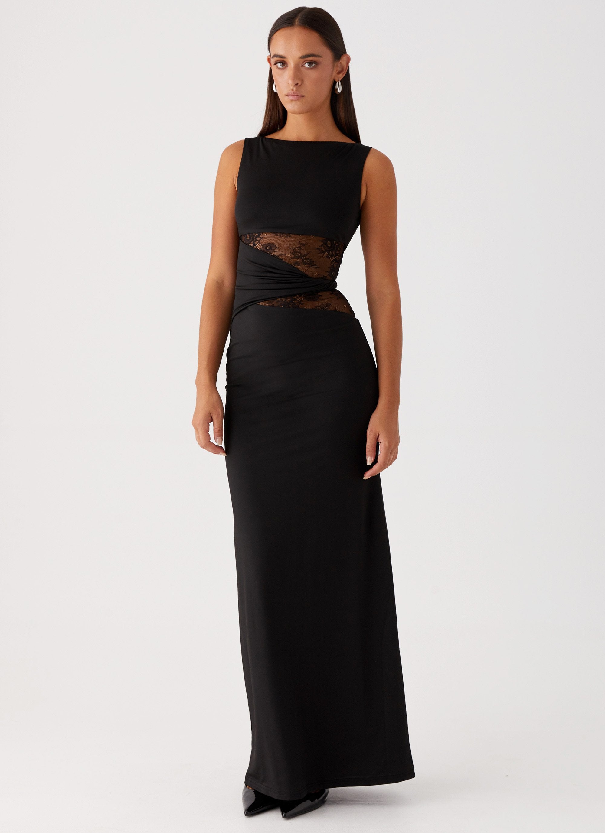 Women's Black Sleeveless Scoop Neck Mesh Cutout Fitted Maxi Evening Dress