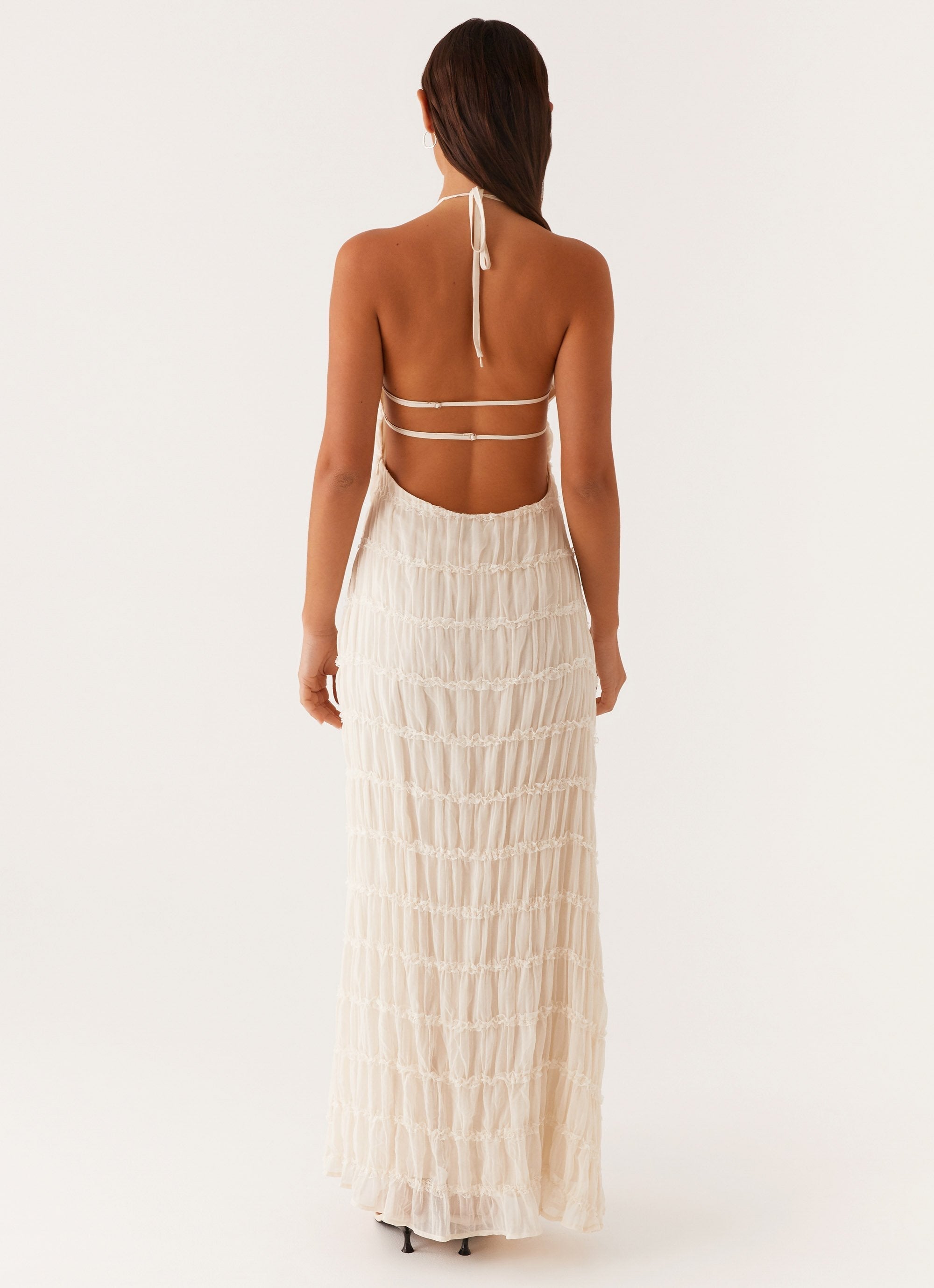 Women's Black Halter Neck Open Back Textured Maxi Evening Dress Wedding Guest
