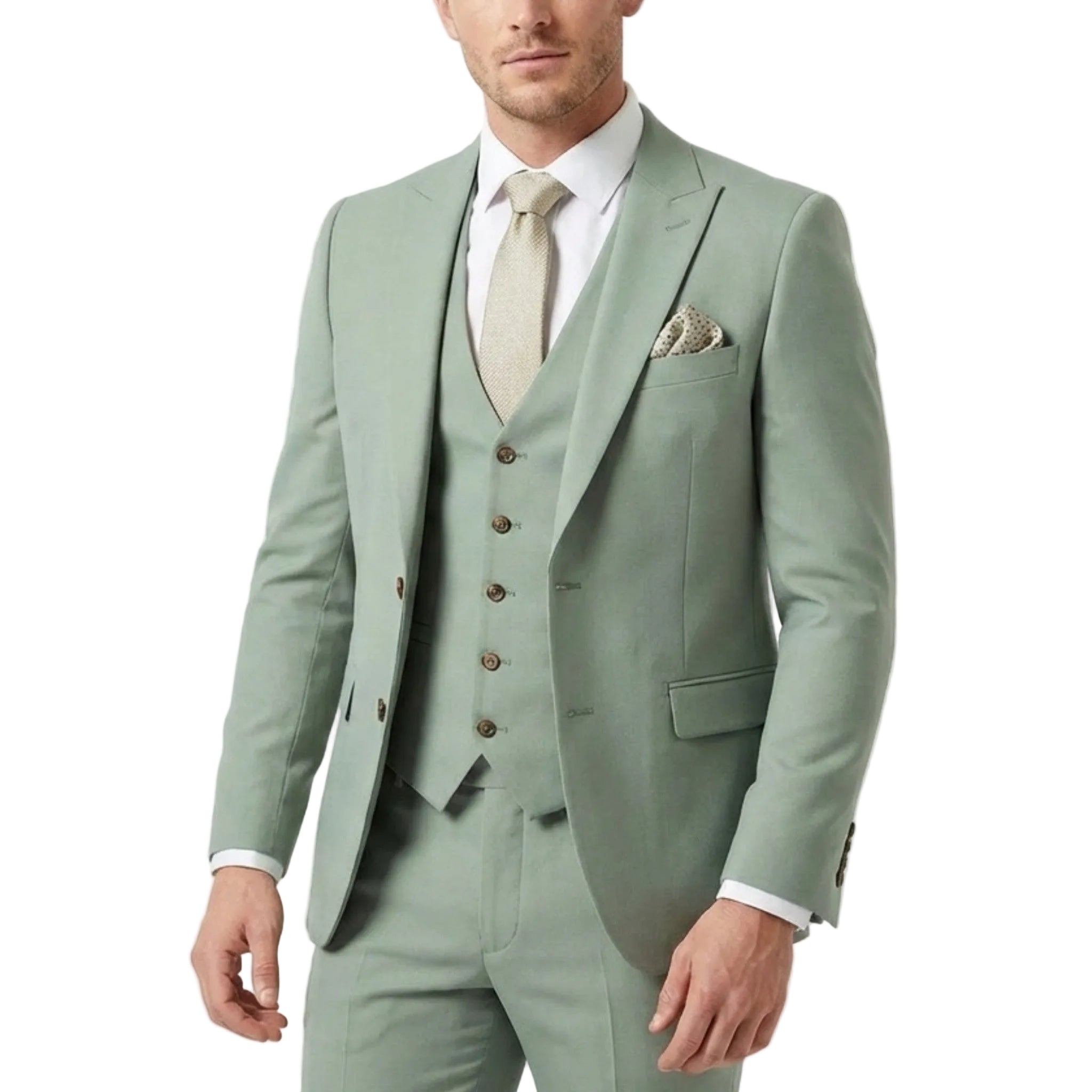 Men's woven fabric 3-piece suit, side view