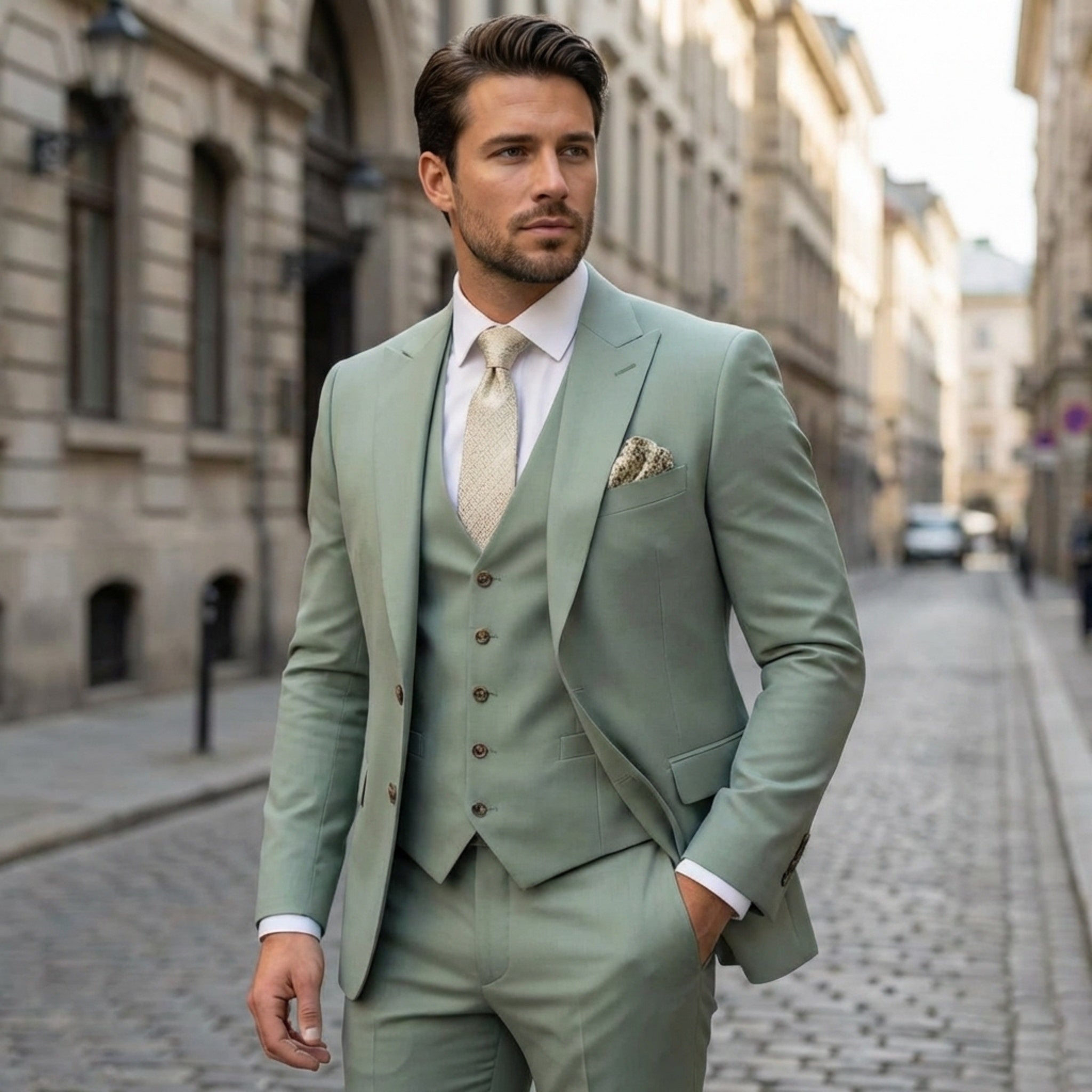 Men's woven fabric 3-piece suit, back view