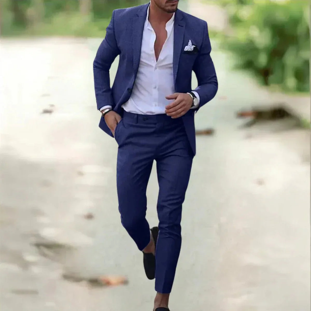 Men's two-piece tailored fit wedding suit, front view