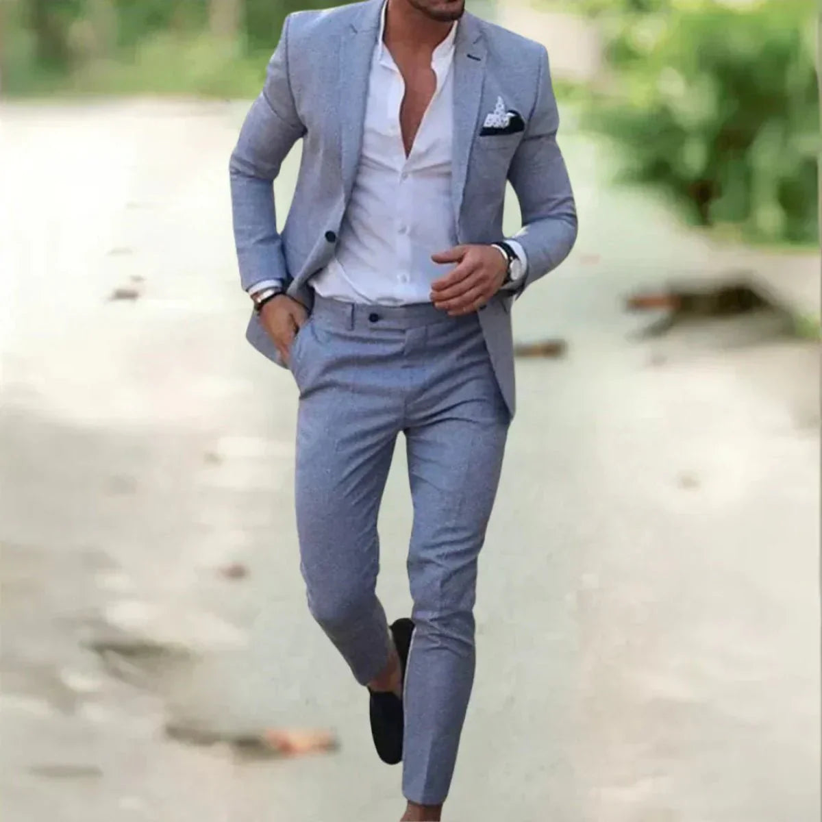 Men's two-piece tailored fit wedding suit, side view