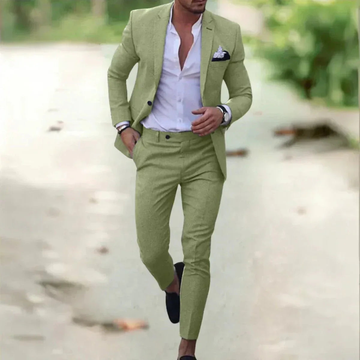 Men's two-piece tailored fit wedding suit, back view