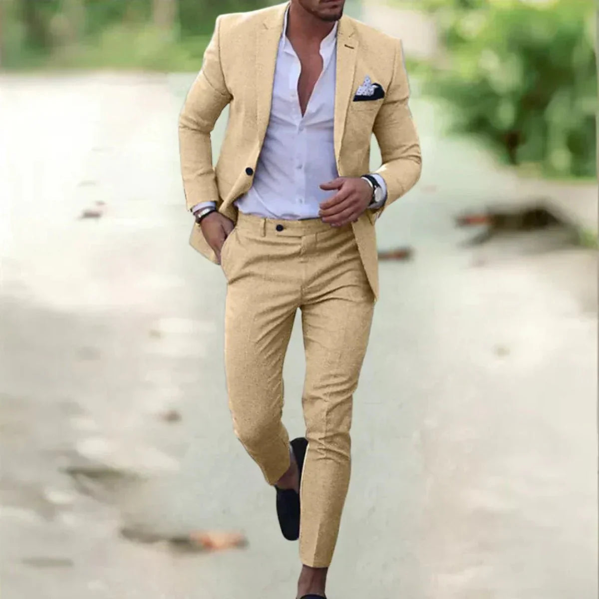 Men's two-piece tailored fit wedding suit, jacket view