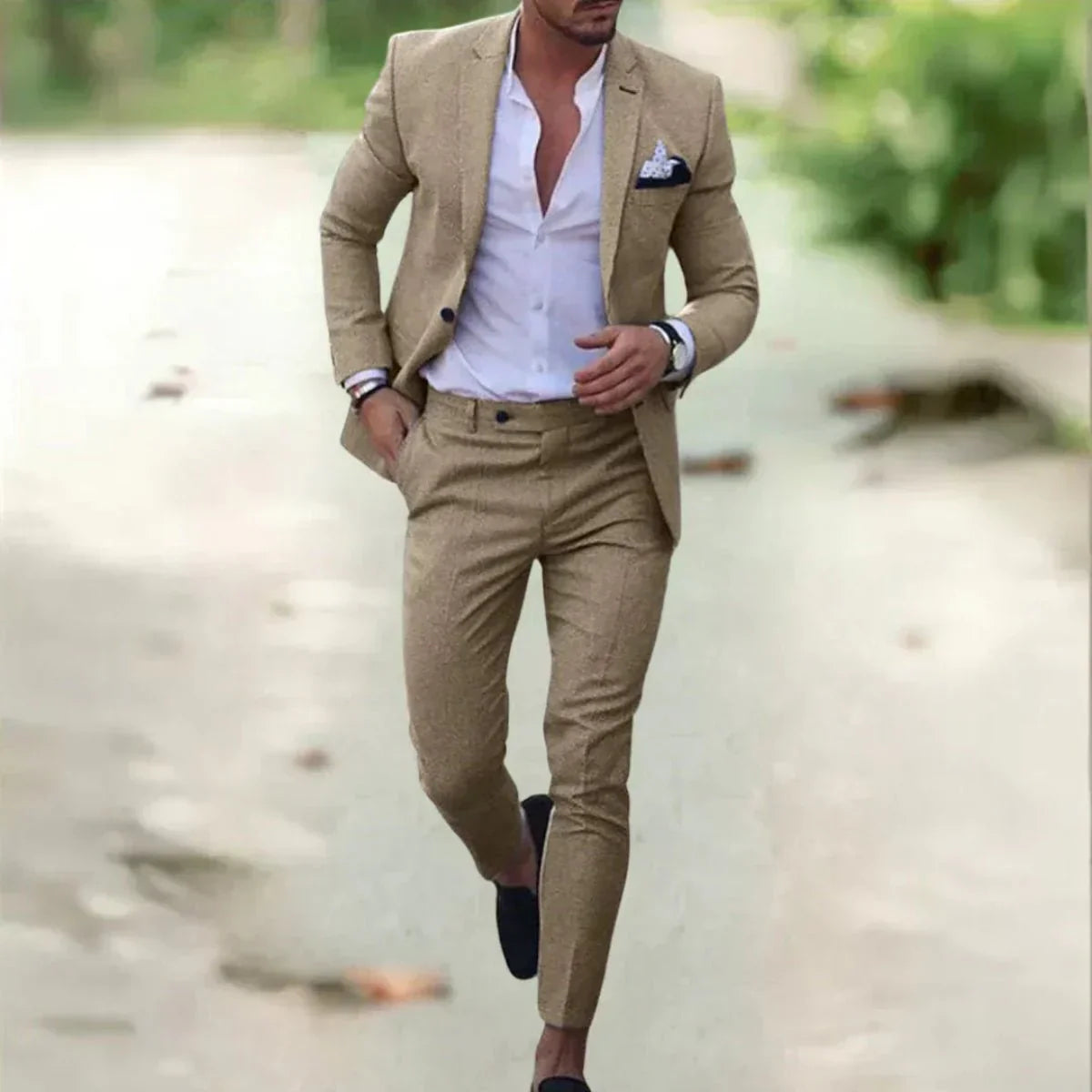 Men's two-piece tailored fit wedding suit, detail view