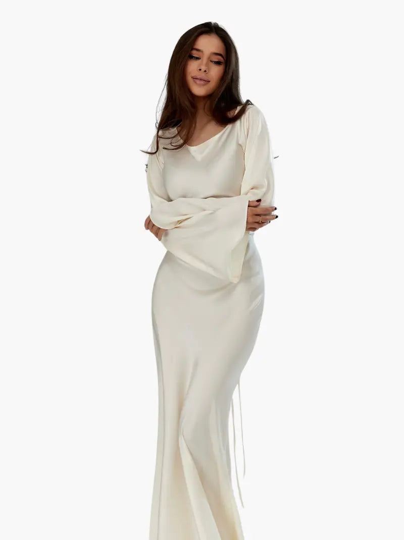 Women's Ivory Long Sleeve Maxi Dress | Casual Elegant Floor Length Everyday Dress