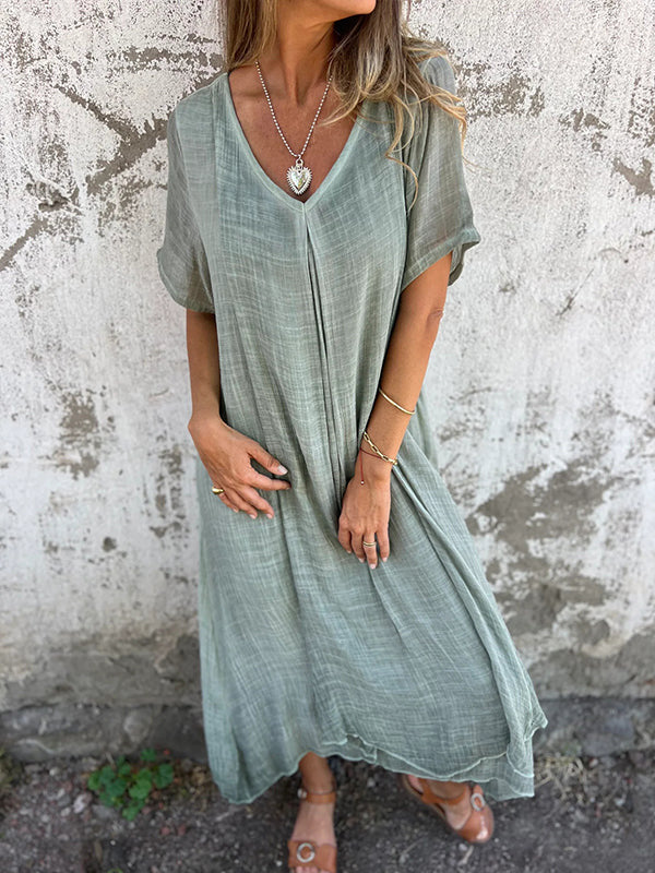 Women's beige loose V-neck midi dress - full length view