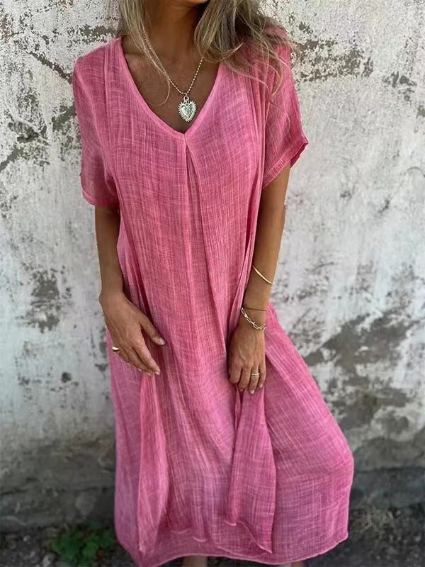 Women's beige loose V-neck midi dress - alternate view