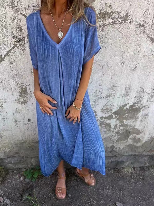 Women's beige loose V-neck midi dress - side view