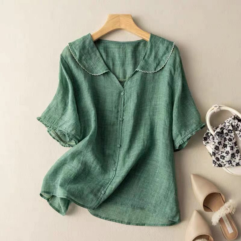 womens vintage blouse with scalloped collar | button-front casual top - front view