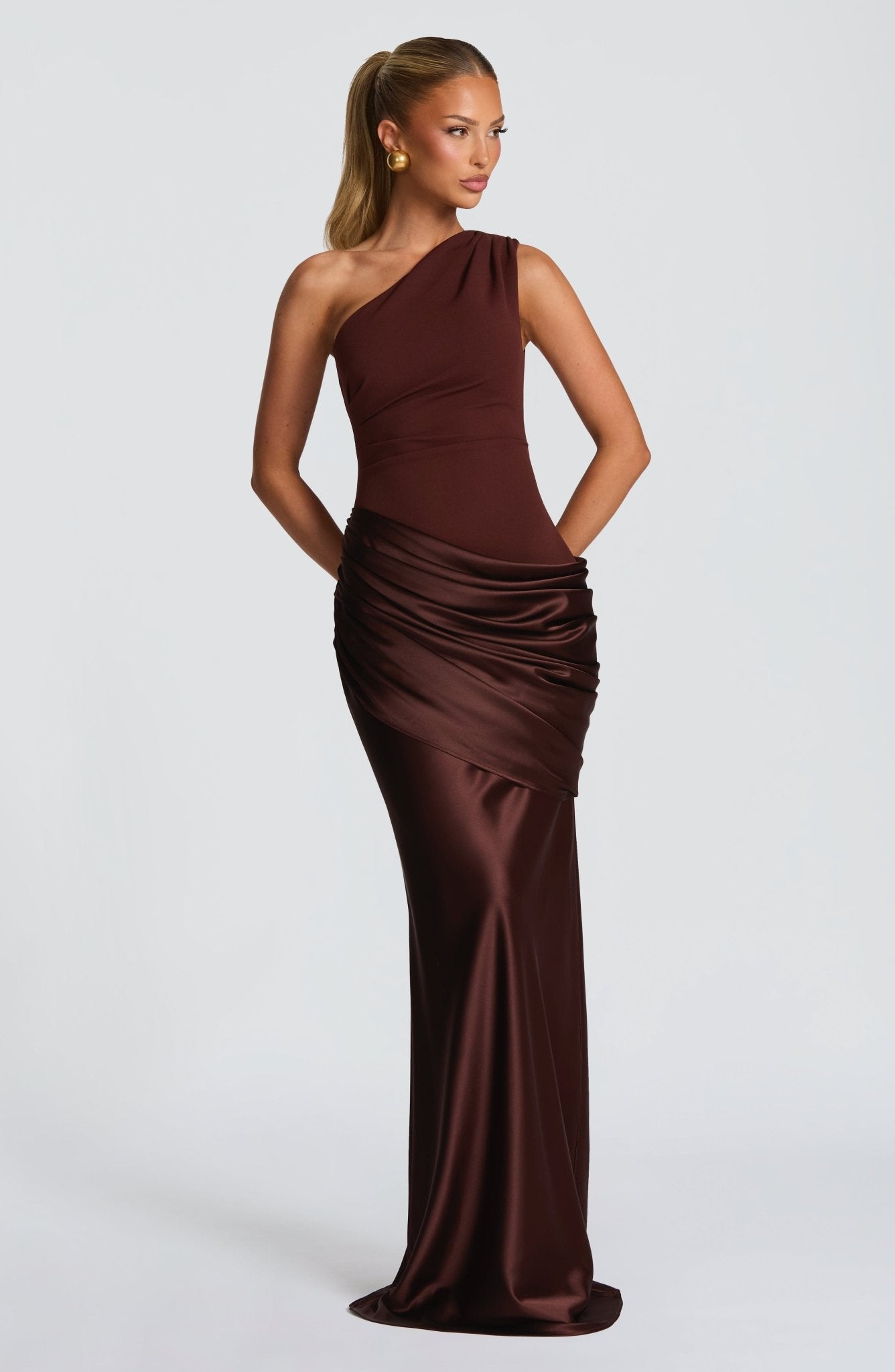 Women's Brown One-Shoulder Maxi Wedding Guest Dress