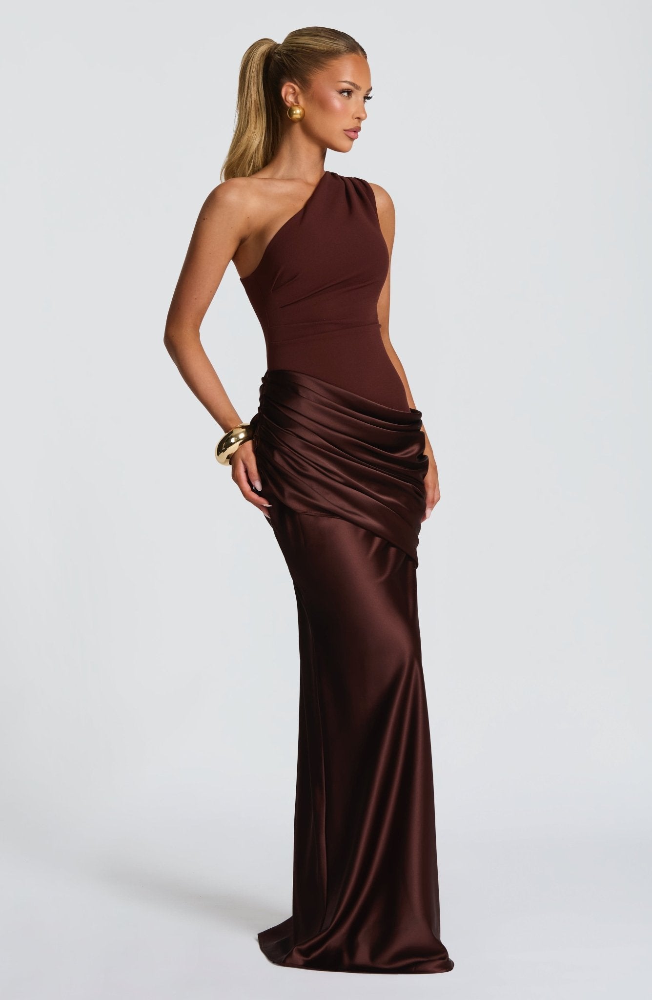Women's Brown One-Shoulder Maxi Wedding Guest Dress