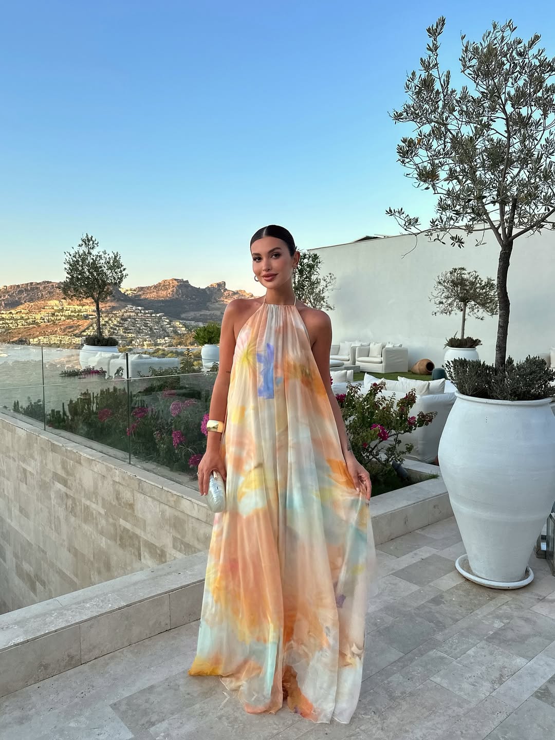 Women's Orange Printed Halter Maxi Summer Wedding Guest Dress
