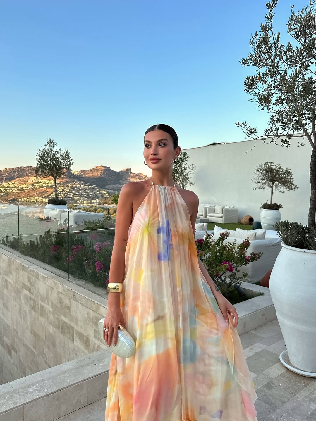 Women's Orange Printed Halter Maxi Summer Wedding Guest Dress
