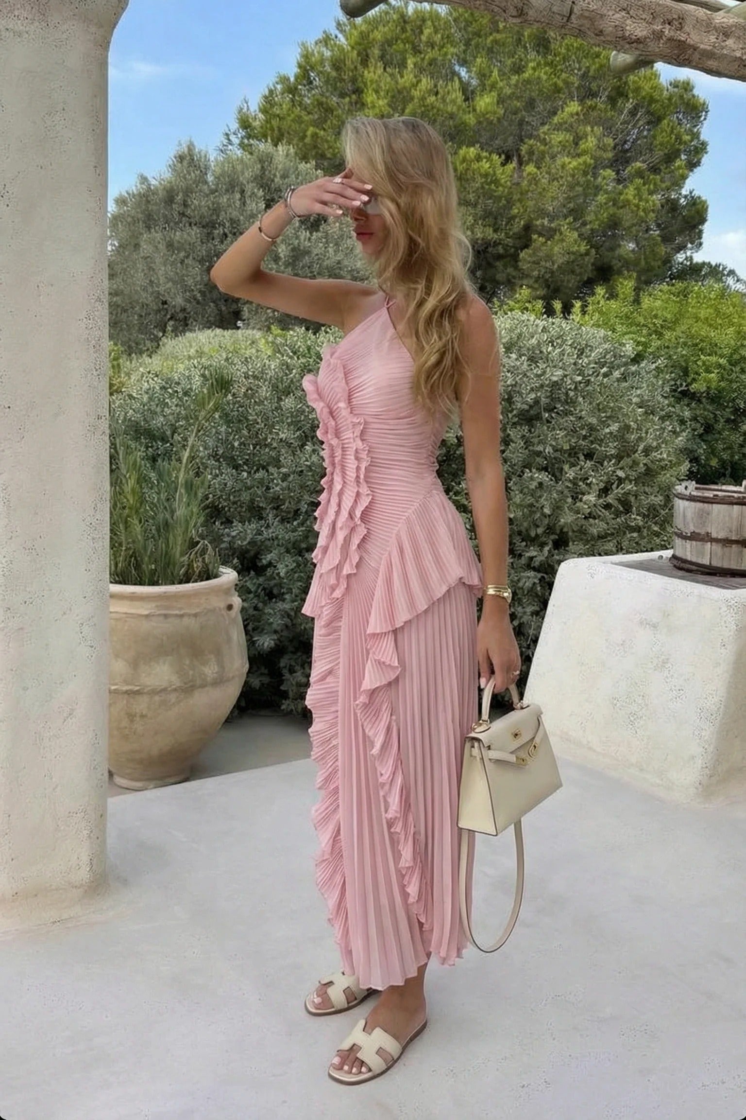Women's Lilac Pleated Ruffled Maxi Wedding Guest Dress