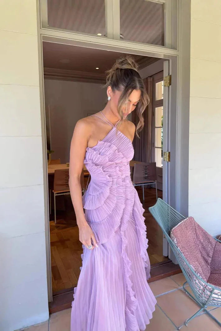 Women's Lilac Pleated Ruffled Maxi Wedding Guest Dress