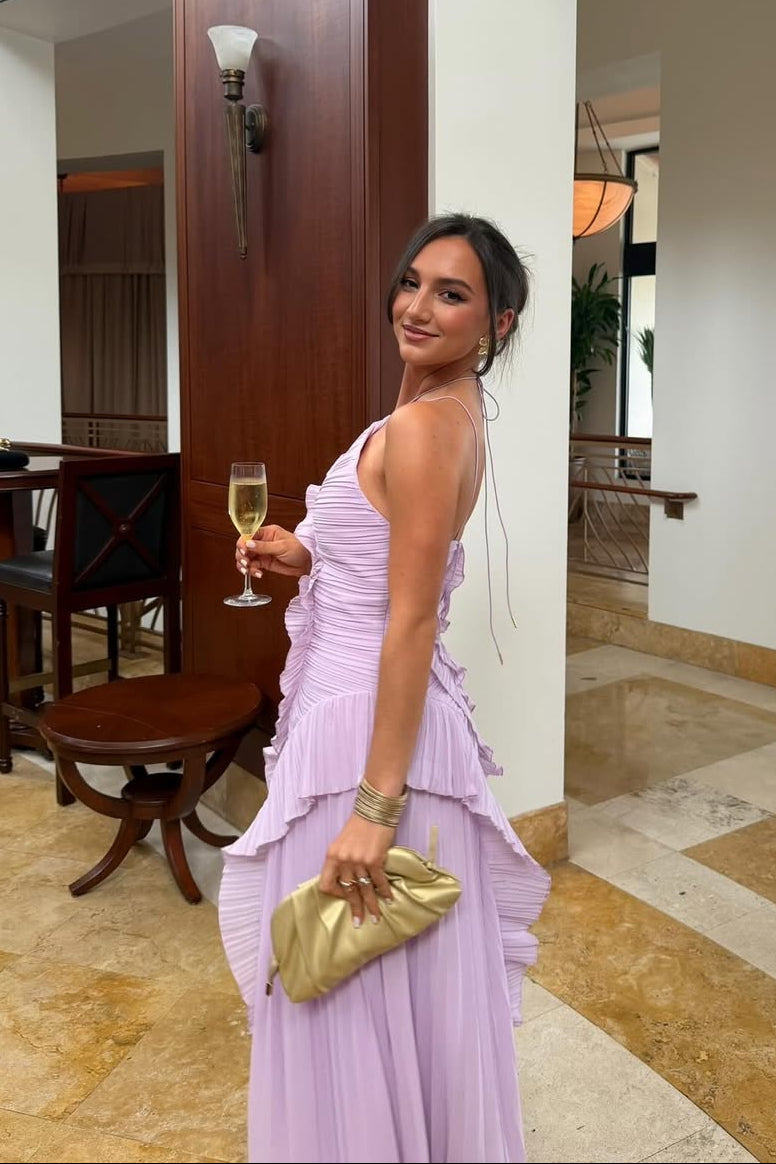 Women's Lilac Pleated Ruffled Maxi Wedding Guest Dress