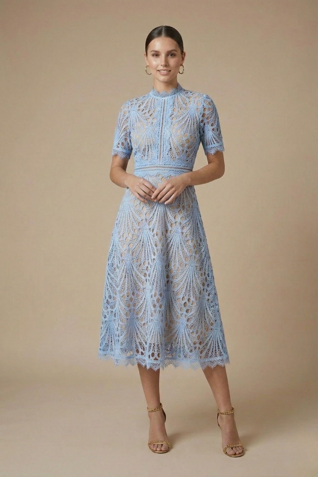 Women's Pink Lace Midi Dress | High Neck Cutwork Detail Elegant Formal Dress