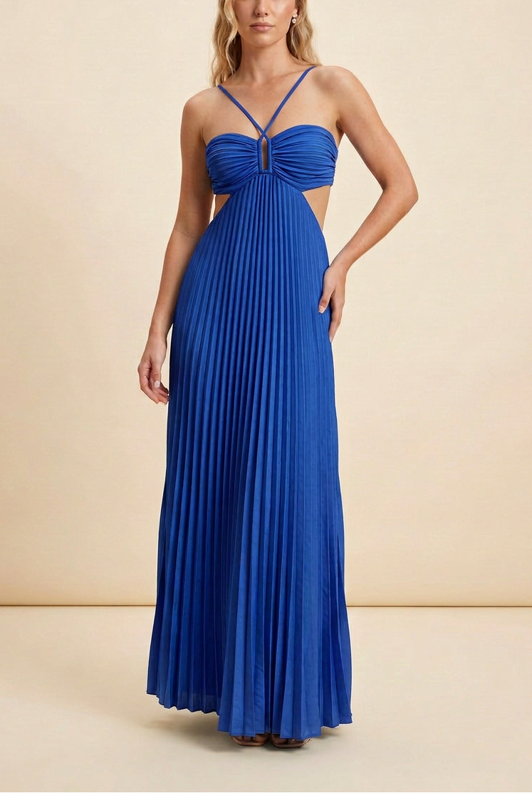 Women's Blue Halter Pleated Maxi Prom Dress