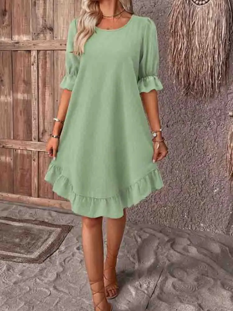 Women's Round Neck 3/4 Puff Sleeve Relaxed Ruffle Hem Mini Dress Casual