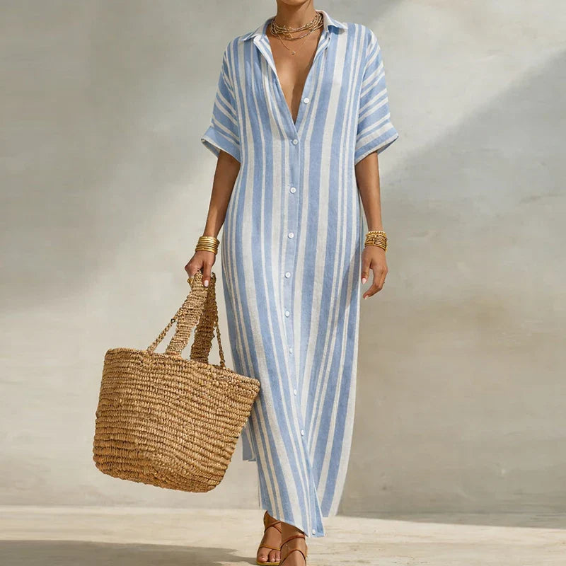 Women's Striped V-Neck Short Sleeve Maxi Dress | Casual Summer Kaftan Dress