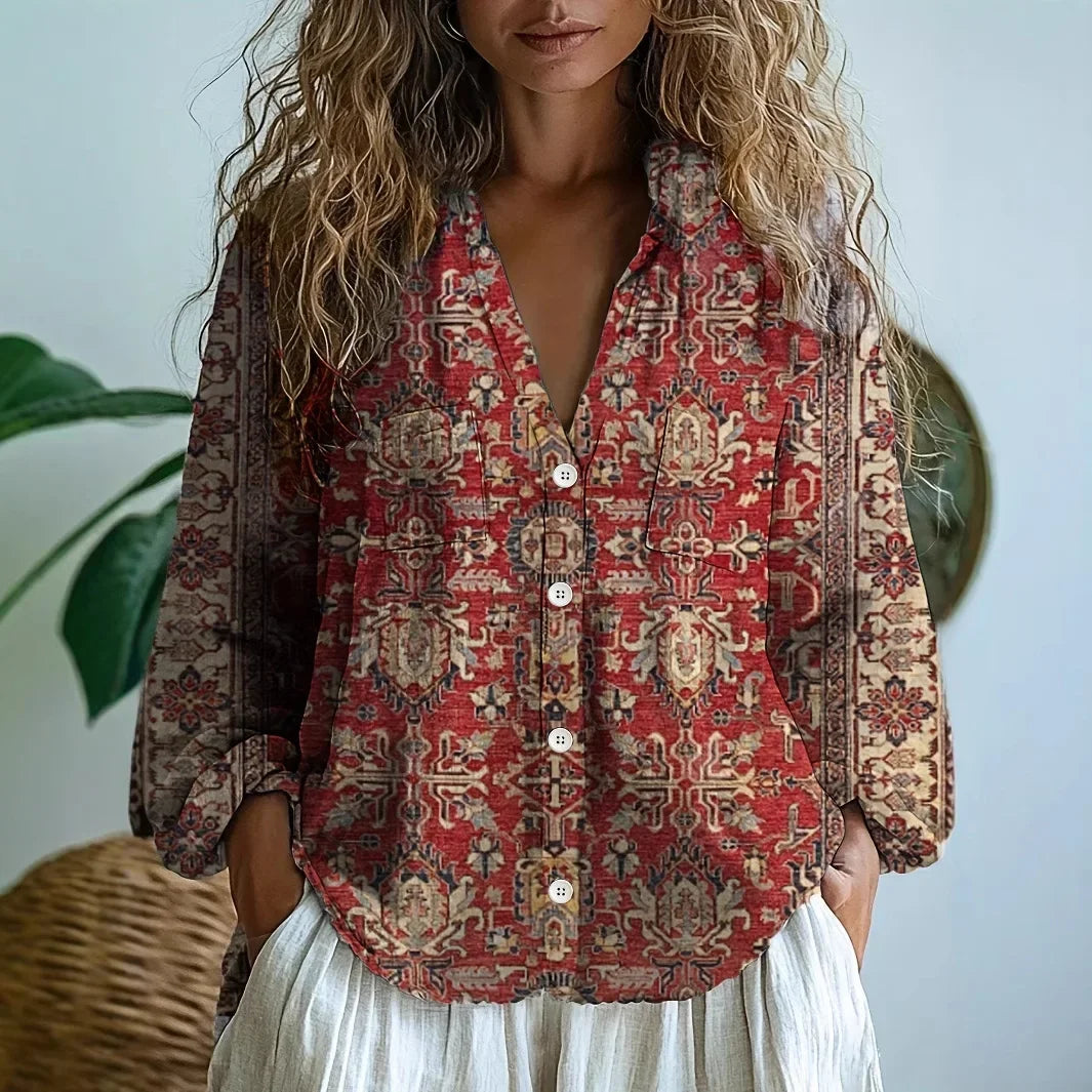 Women's Purple Printed V-Neck Long Sleeve Blouse | Casual Top