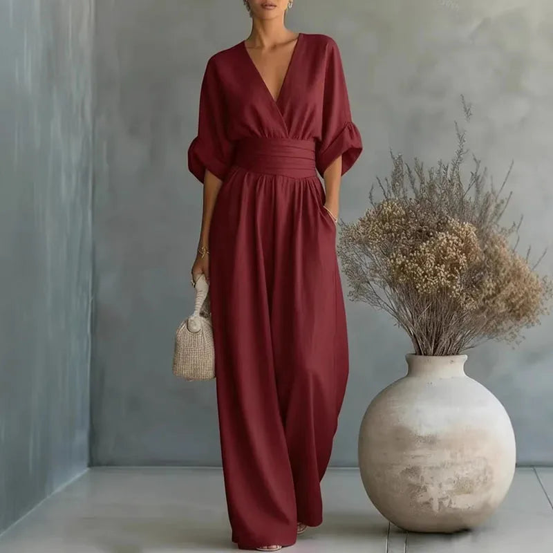 Women's Wide-Leg Linen-Look Jumpsuit | Cinched Waist Deep V-Neck