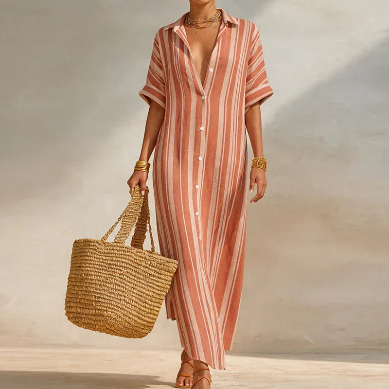 Women's Striped V-Neck Short Sleeve Maxi Dress | Casual Summer Kaftan Dress