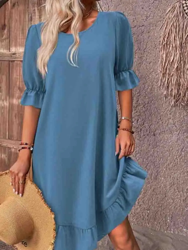Women's Round Neck 3/4 Puff Sleeve Relaxed Ruffle Hem Mini Dress Casual