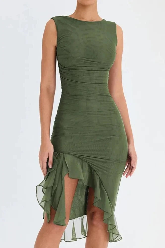 Women's High Neck Open Back Stretch Mesh Midi Dress | Ruffle Hem Party Dress