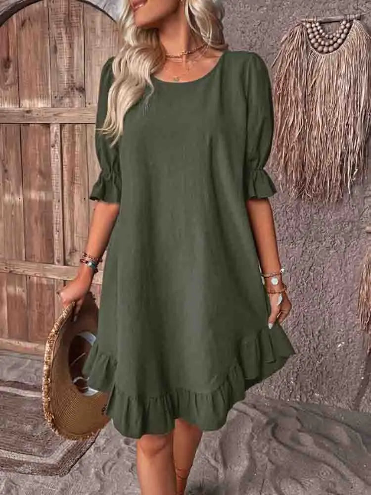Women's Round Neck 3/4 Puff Sleeve Relaxed Ruffle Hem Mini Dress Casual