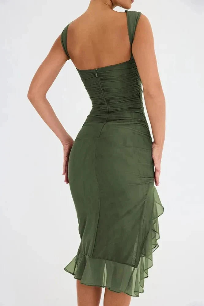 Women's High Neck Open Back Stretch Mesh Midi Dress | Ruffle Hem Party Dress
