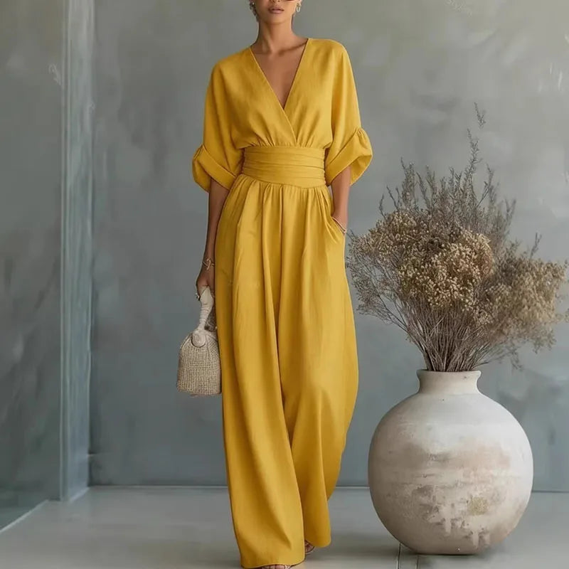 Women's Wide-Leg Linen-Look Jumpsuit | Cinched Waist Deep V-Neck