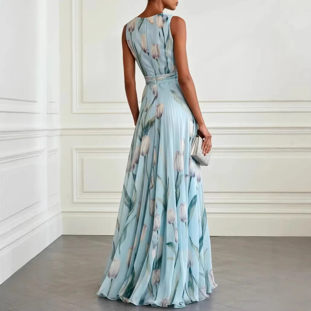Women's Blue Tulip Hem Wedding Guest Dress | Elegant Formal Midi Dress