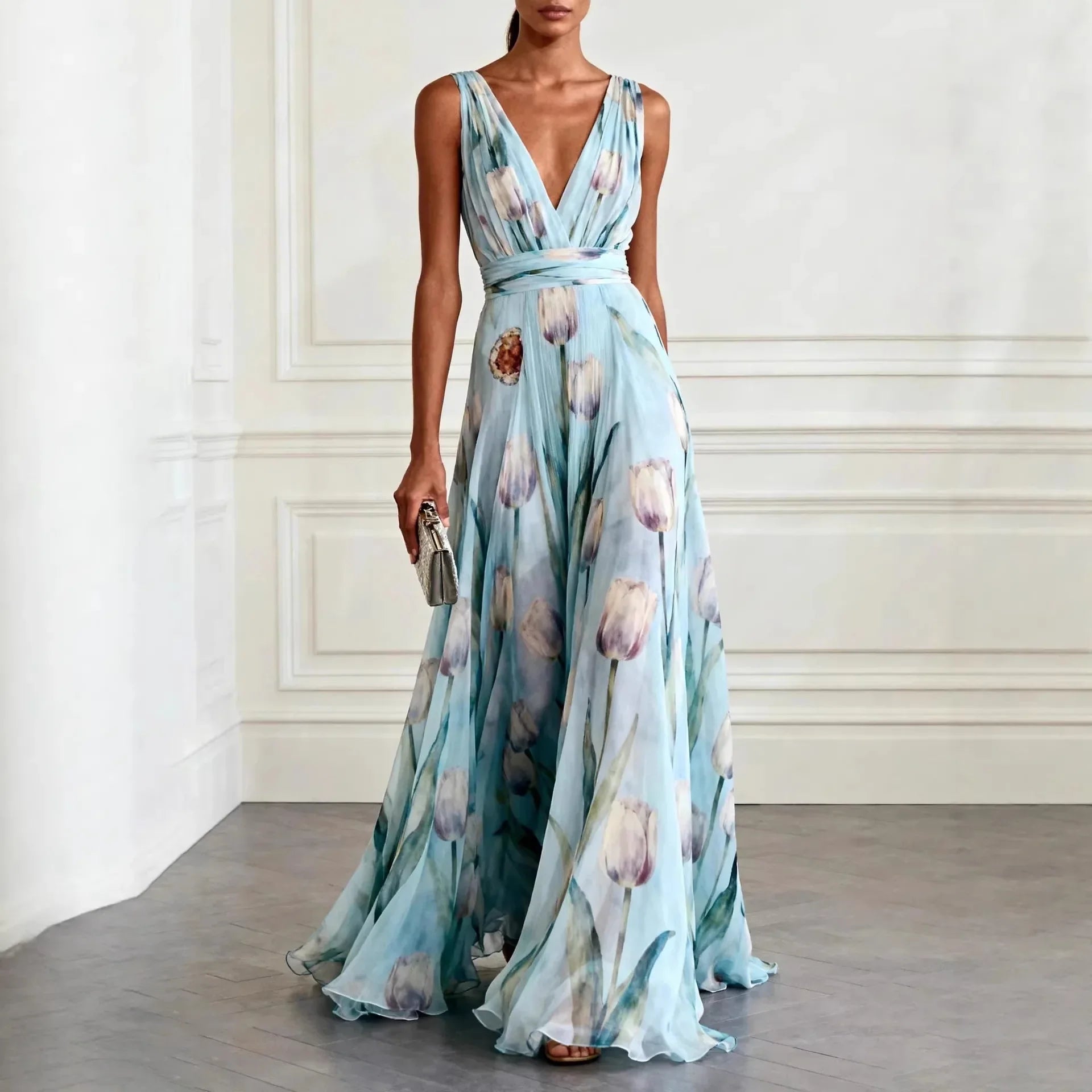 Women's Blue Tulip Hem Wedding Guest Dress | Elegant Formal Midi Dress