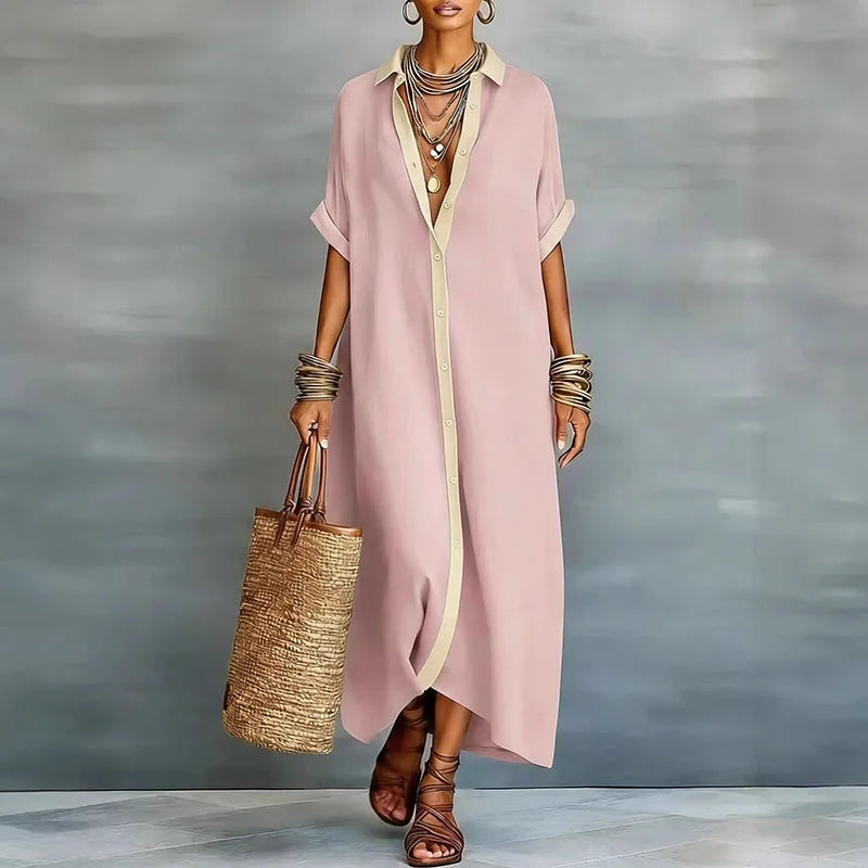 Women's Brown Button-Down Collared Maxi Shirt Dress