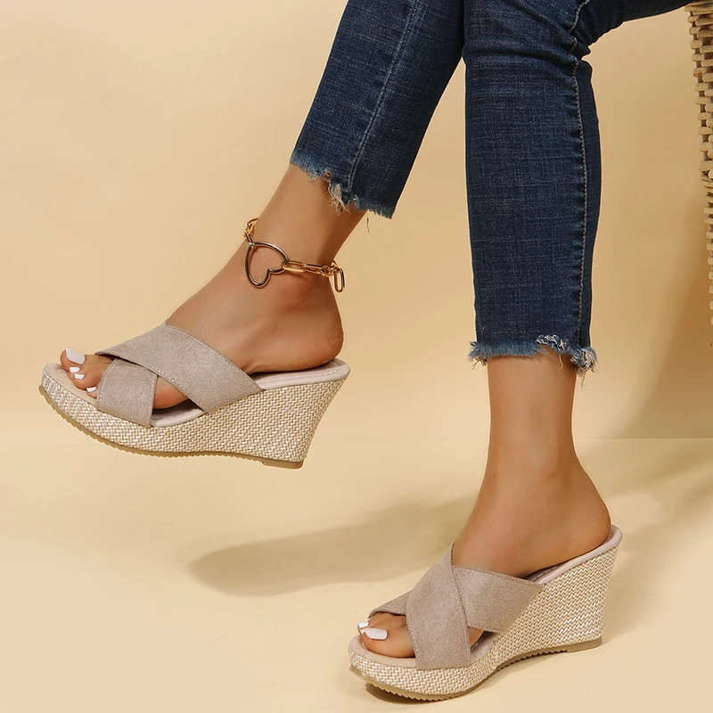Women's Cross Strap Open Toe Espadrille Wedge Mule Sandals