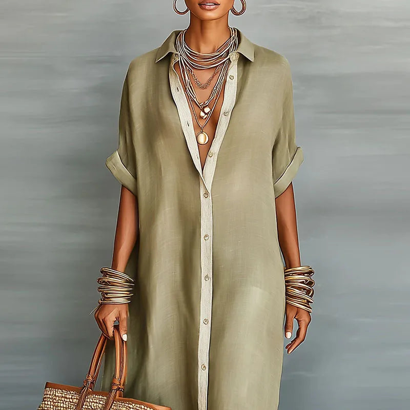 Women's Brown Button-Down Collared Maxi Shirt Dress