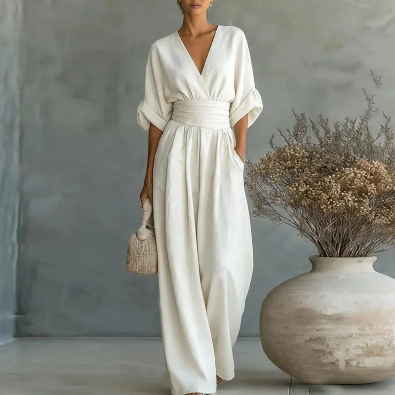 Women's Wide-Leg Linen-Look Jumpsuit | Cinched Waist Deep V-Neck