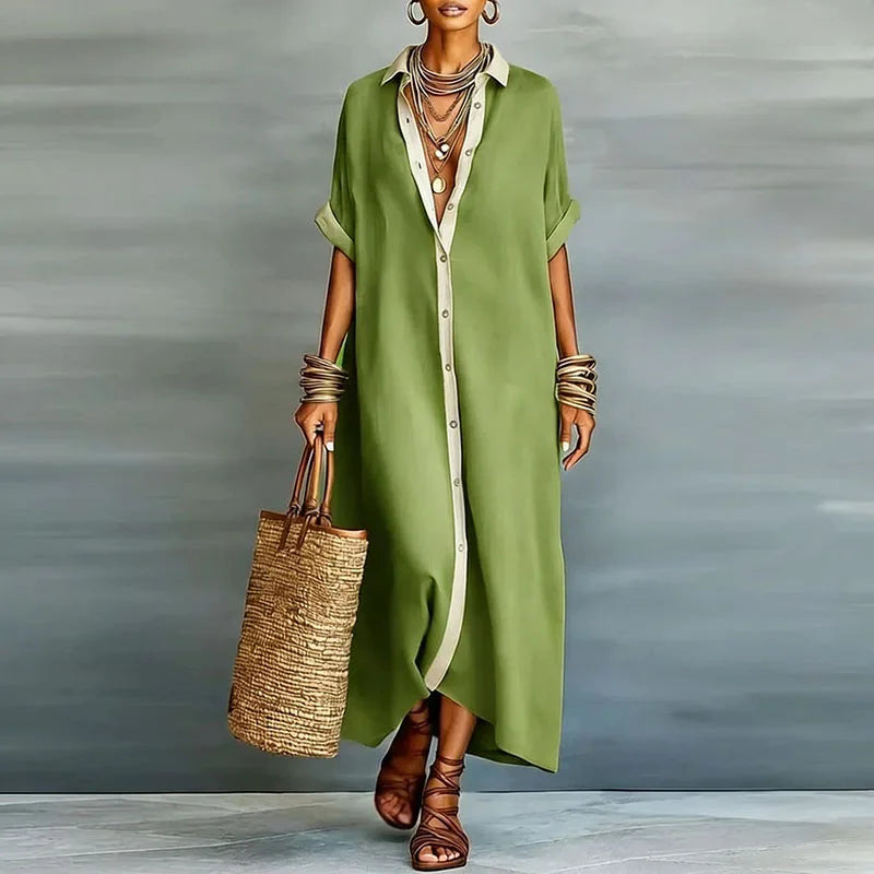 Women's Brown Button-Down Collared Maxi Shirt Dress