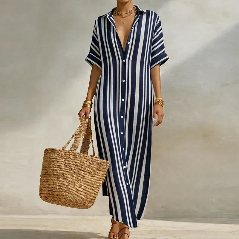 Women's Striped V-Neck Short Sleeve Maxi Dress | Casual Summer Kaftan Dress