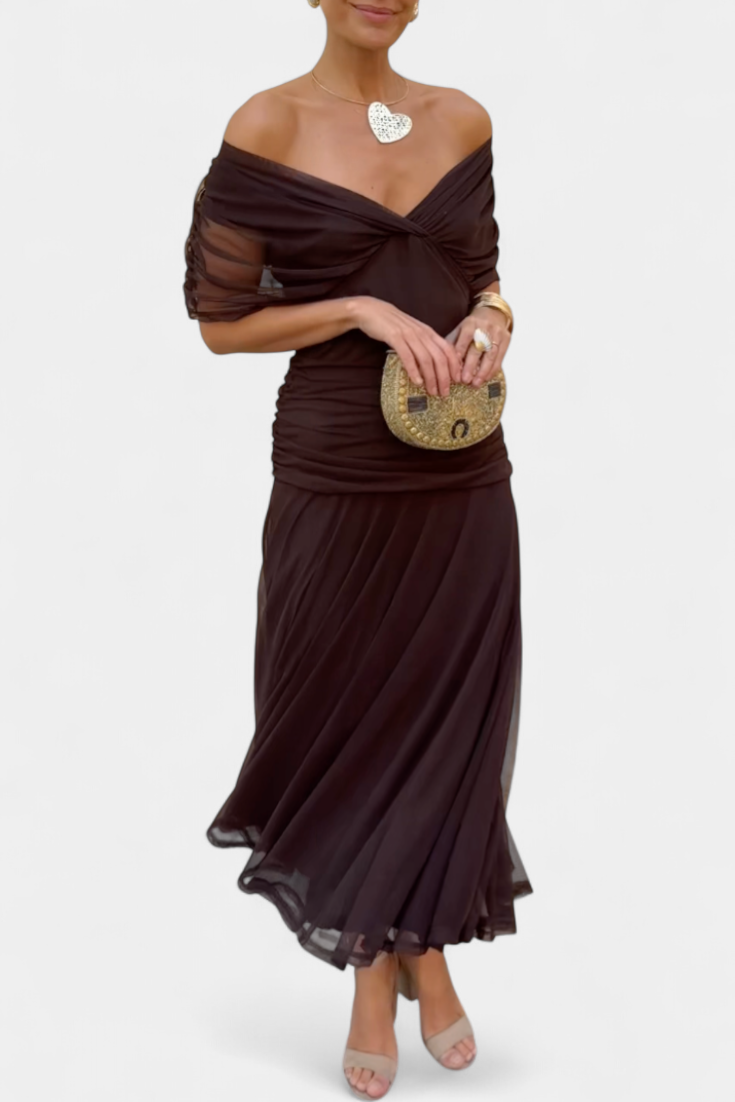 Women's Off Shoulder Draped Twisted Neckline Flowy Maxi Dress Formal Wedding Guest
