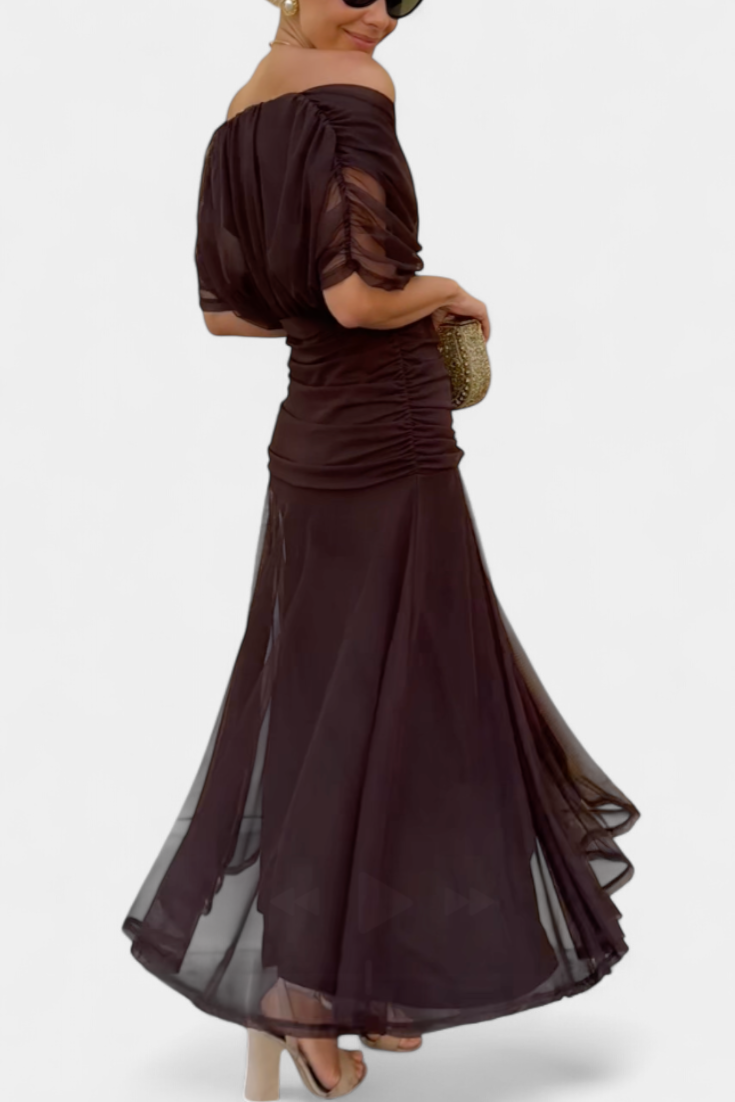 Women's Off Shoulder Draped Twisted Neckline Flowy Maxi Dress Formal Wedding Guest
