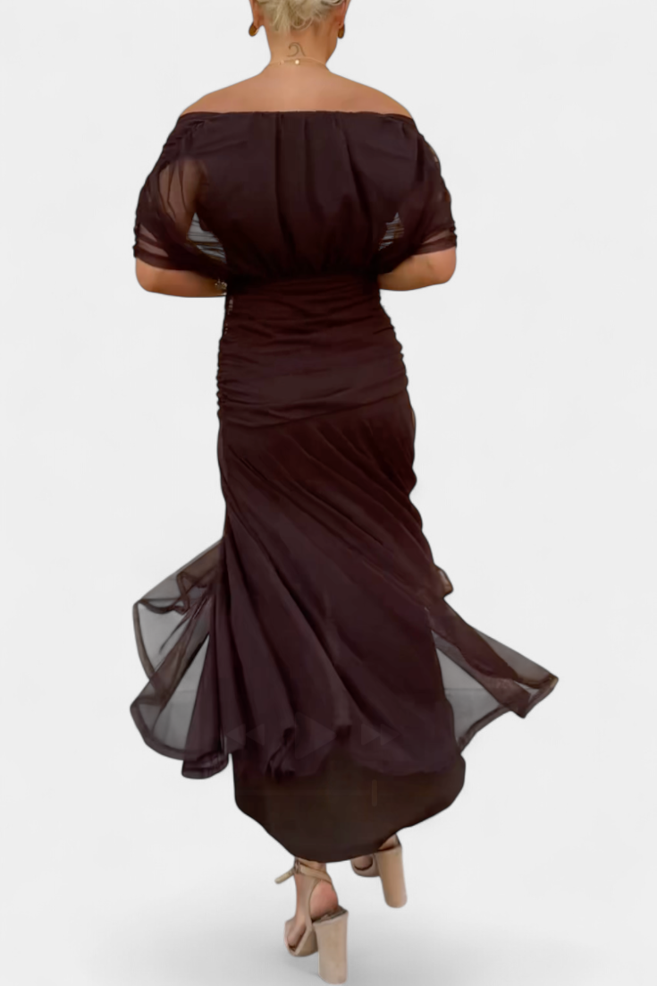 Women's Off Shoulder Draped Twisted Neckline Flowy Maxi Dress Formal Wedding Guest