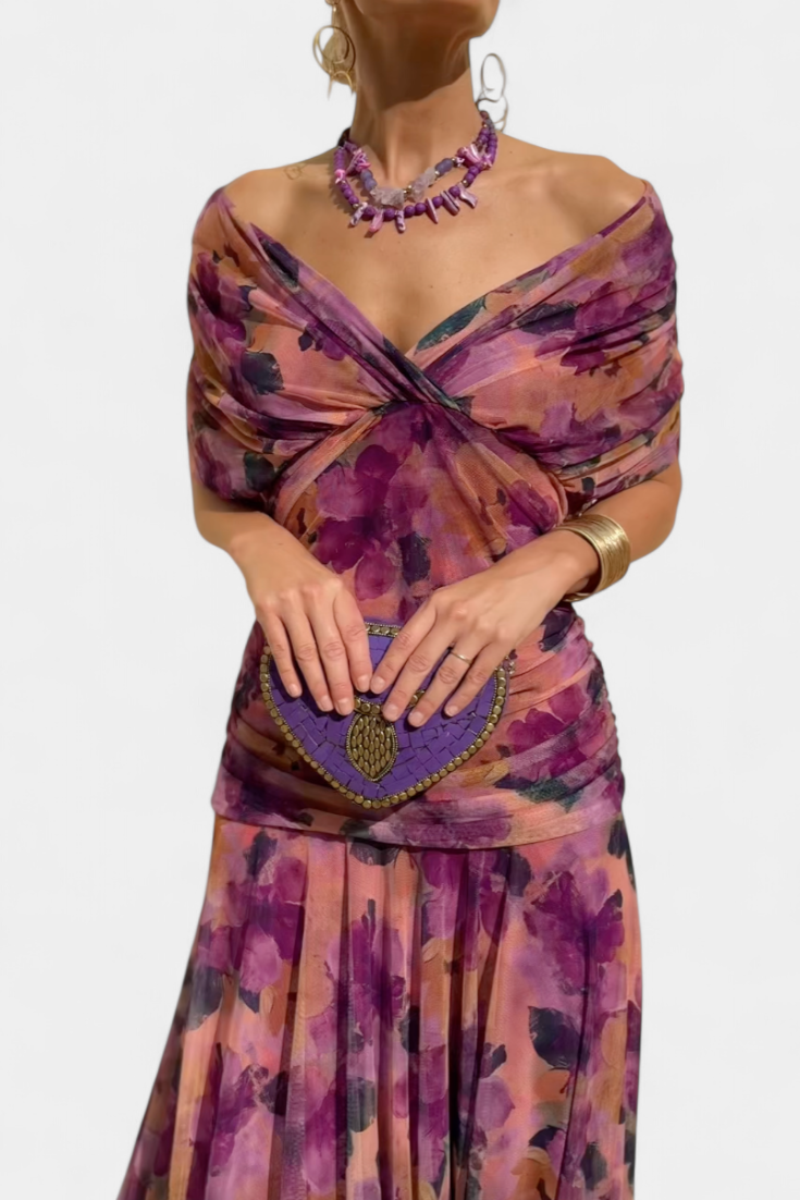 Women's Off Shoulder Draped Twisted Neckline Flowy Maxi Dress Formal Wedding Guest