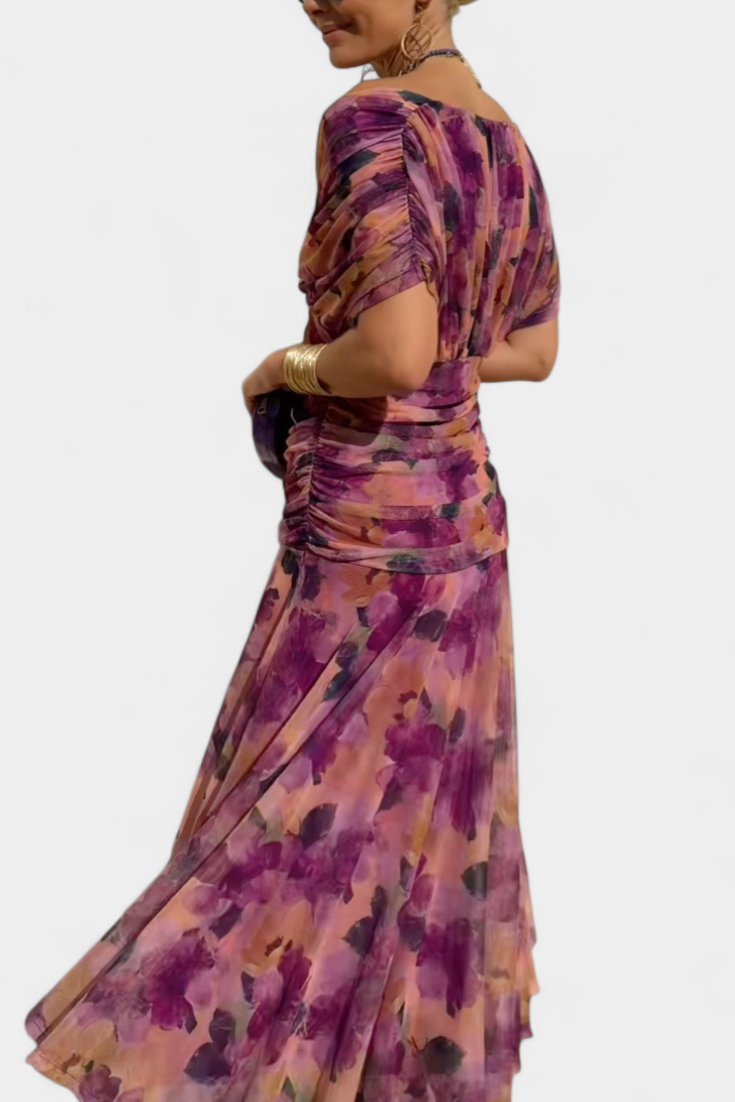 Women's Off Shoulder Draped Twisted Neckline Flowy Maxi Dress Formal Wedding Guest