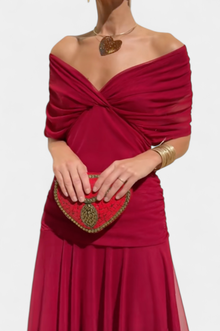 Women's Off Shoulder Draped Twisted Neckline Flowy Maxi Dress Formal Wedding Guest