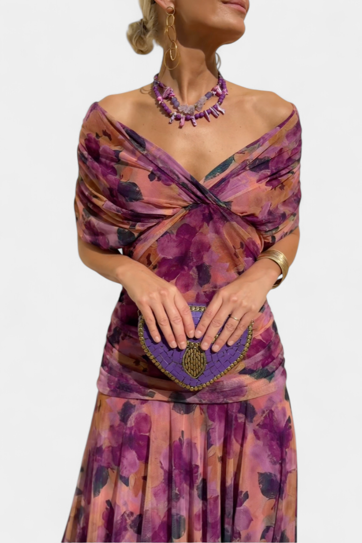 Women's Off Shoulder Draped Twisted Neckline Flowy Maxi Dress Formal Wedding Guest