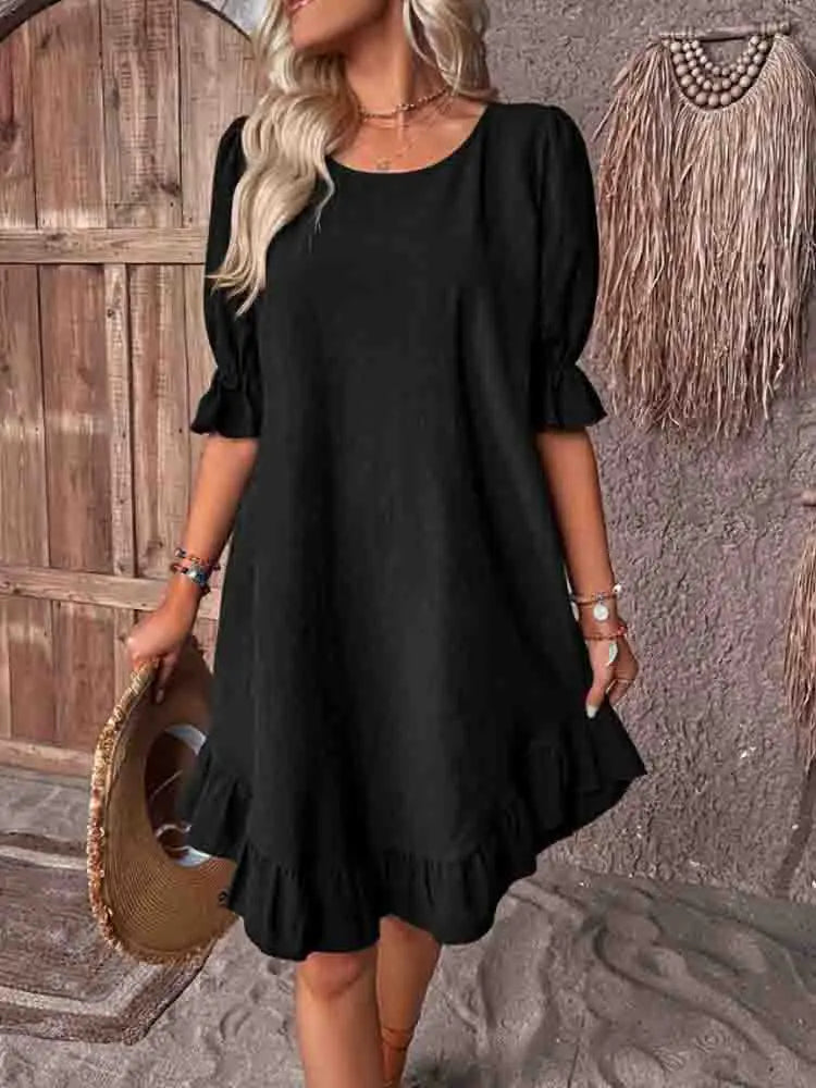 Women's Round Neck 3/4 Puff Sleeve Relaxed Ruffle Hem Mini Dress Casual